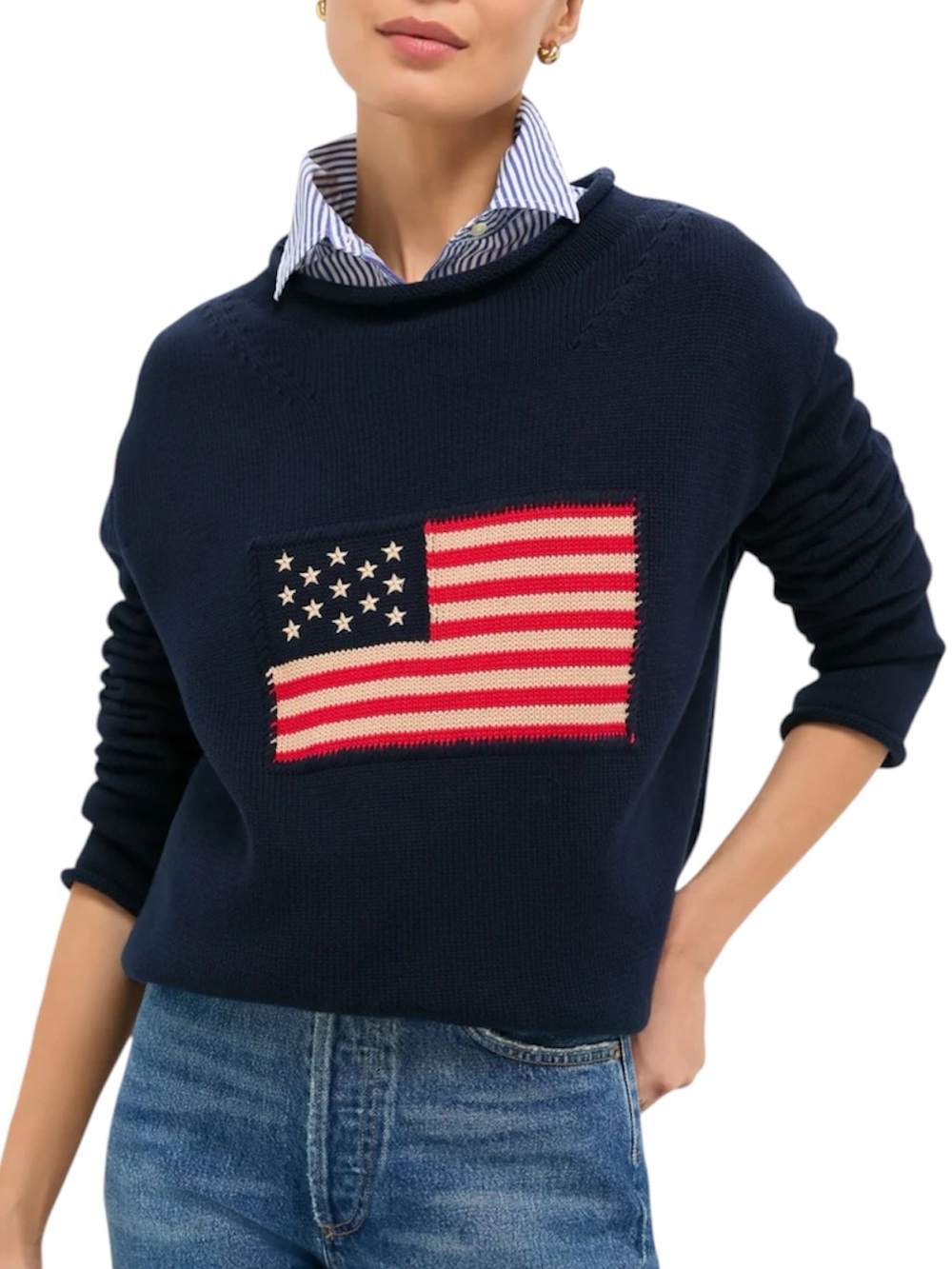 Tuckernuck American Flag Navy Rollneck Sweater Size Large 100% Cotton